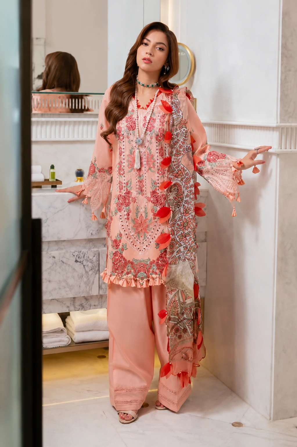 Peach Embroidered 3-Piece Dhank Winter Suit