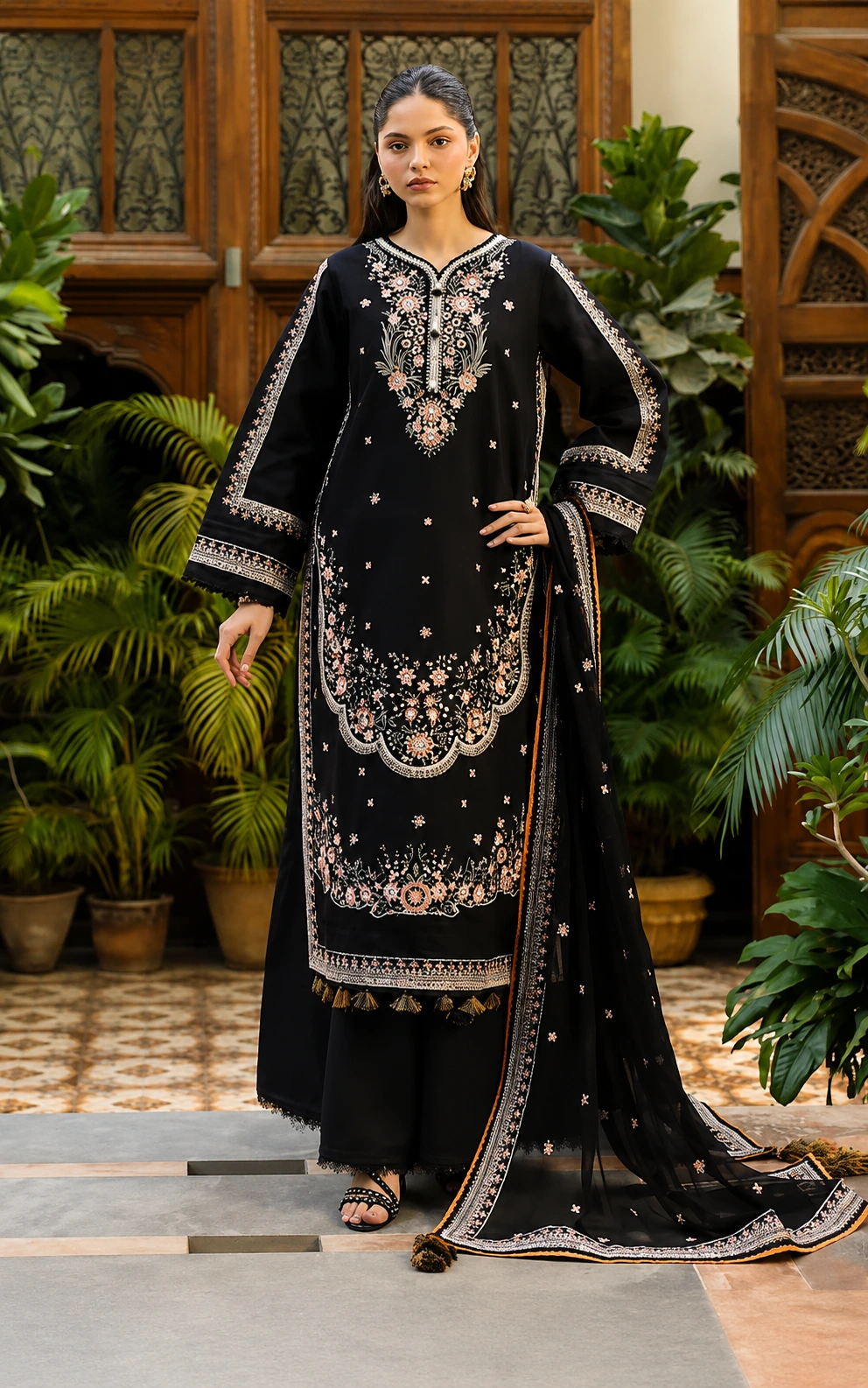 Black Embroidered 3-Piece Dhank Winter Suit