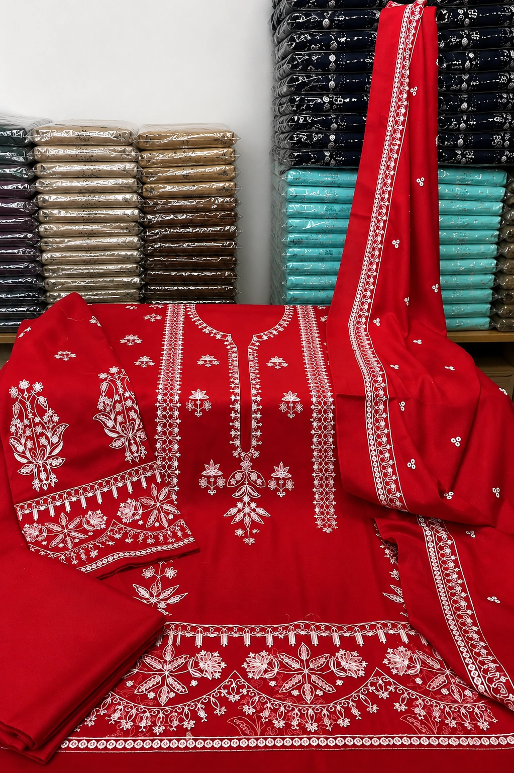 Red Embroidered Dhanak 3 Piece Unstitched Winter Suit