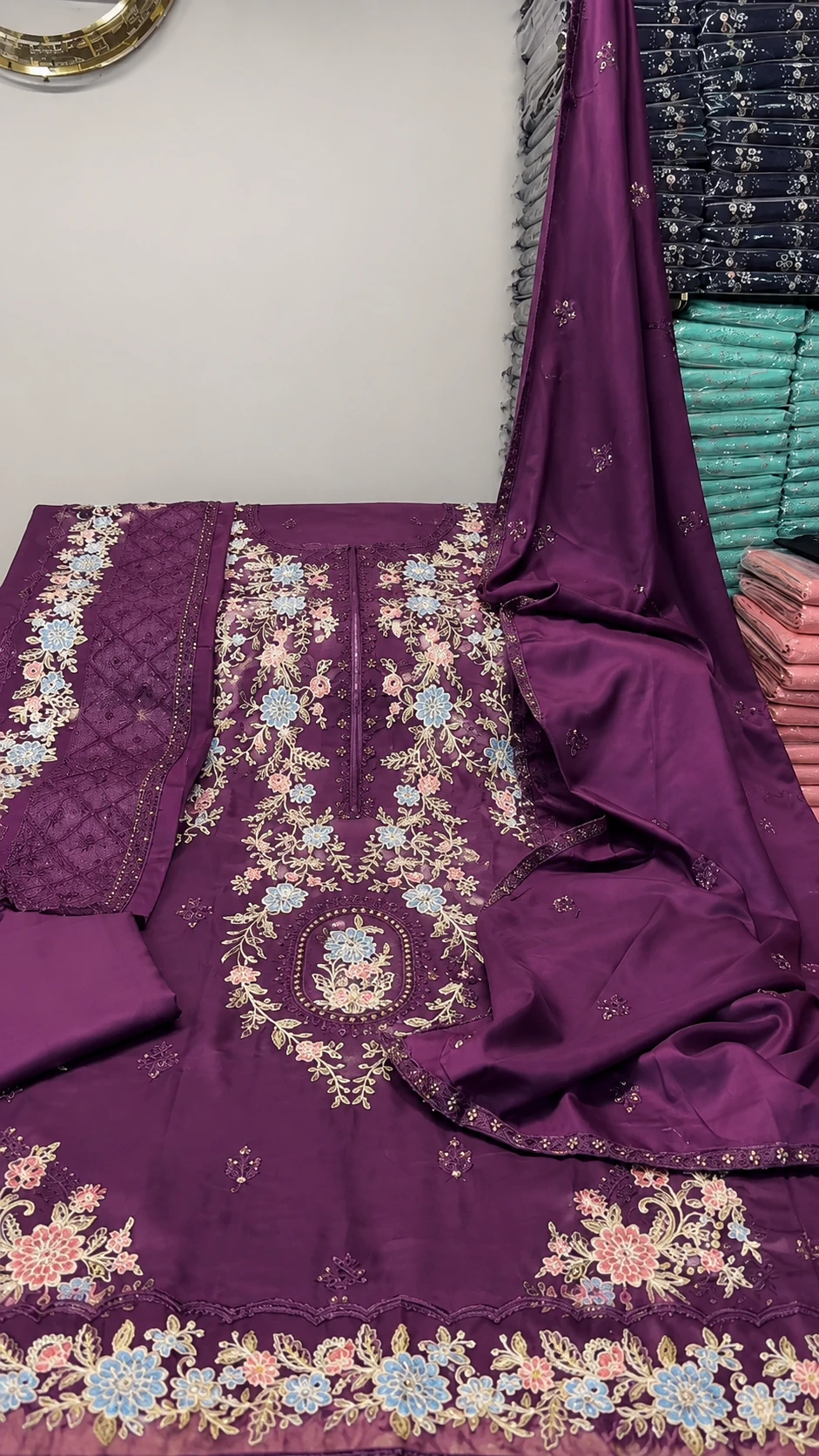 Embroidered Dhanak 3 Piece Winter Suit With Big Shawl