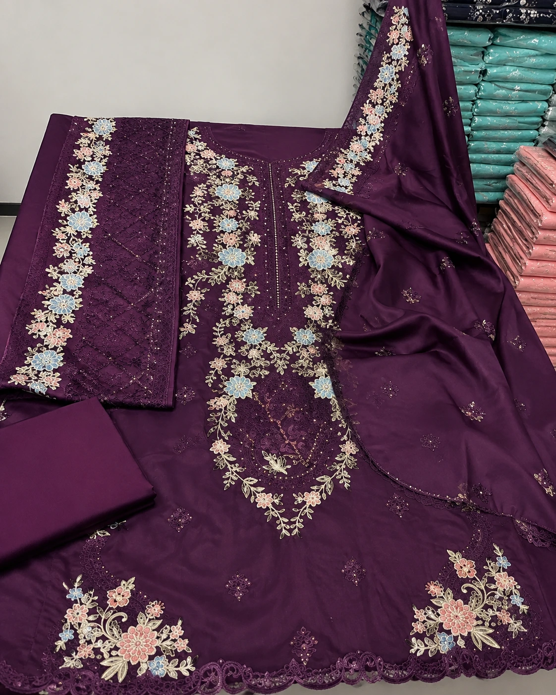 Embroidered Dhanak 3 Piece Winter Suit With Big Shawl
