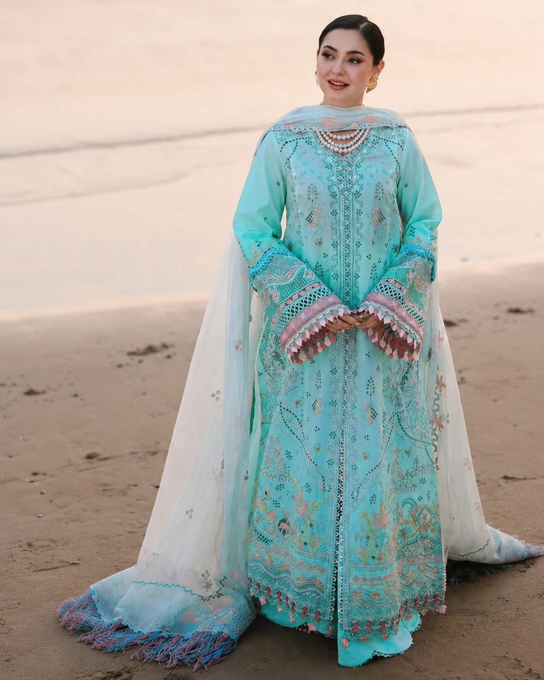 Aqua Blue Fully Embroidered Dhanak 3 Piece Winter Suit