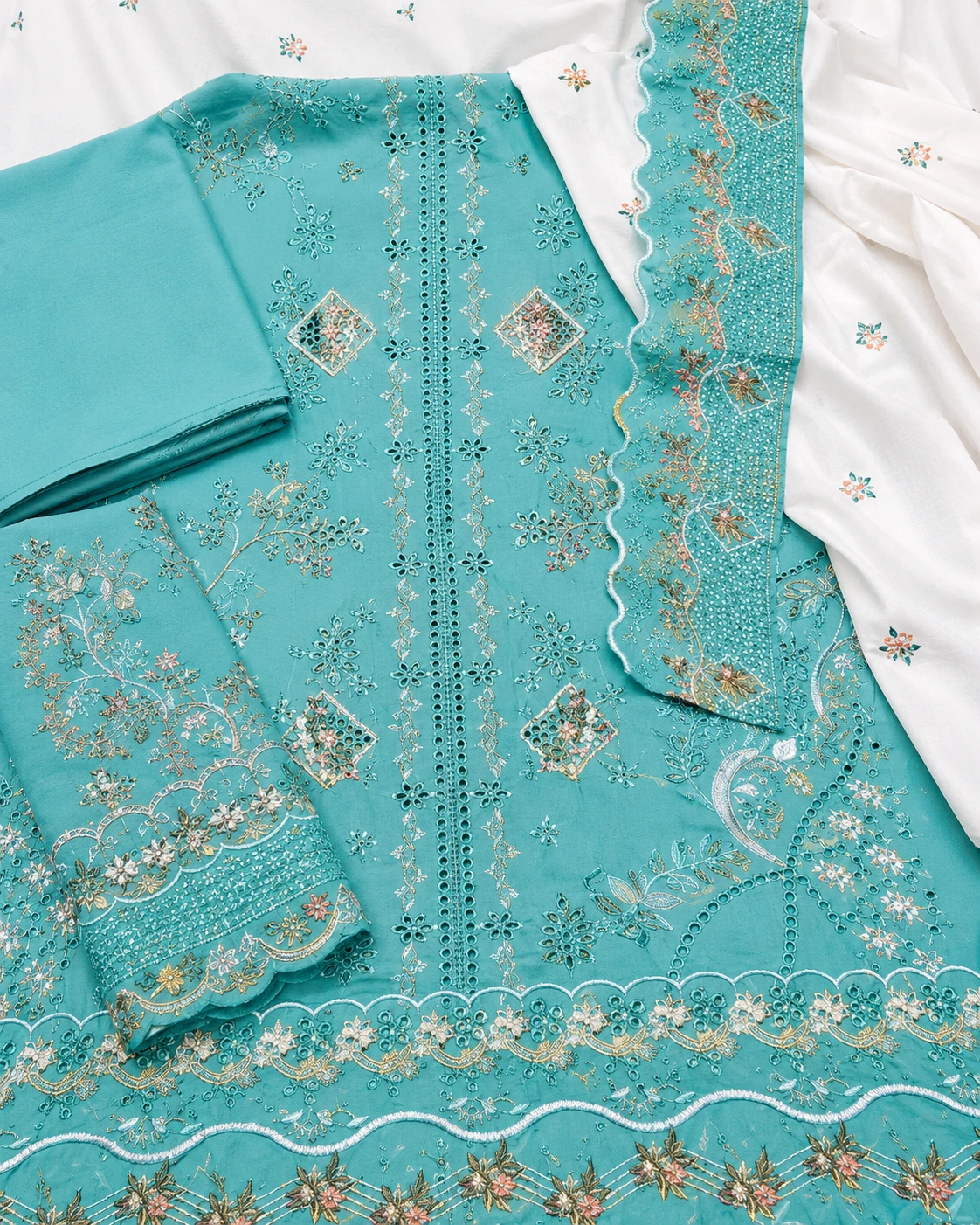 Aqua Blue Fully Embroidered Dhanak 3 Piece Winter Suit