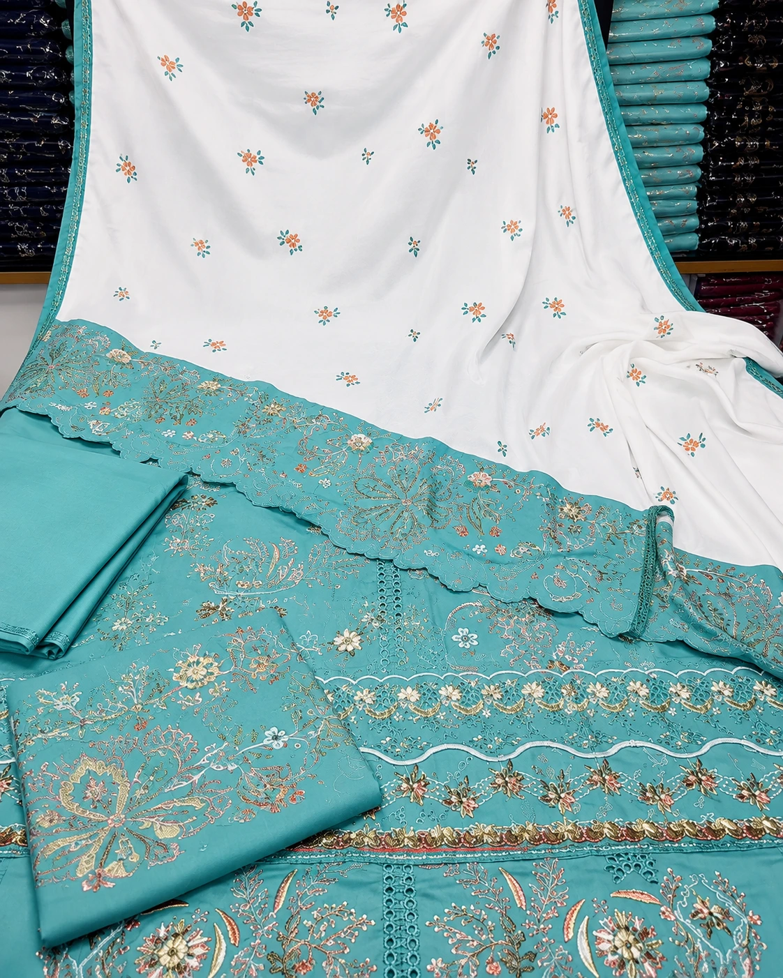 Aqua Blue Fully Embroidered Dhanak 3 Piece Winter Suit