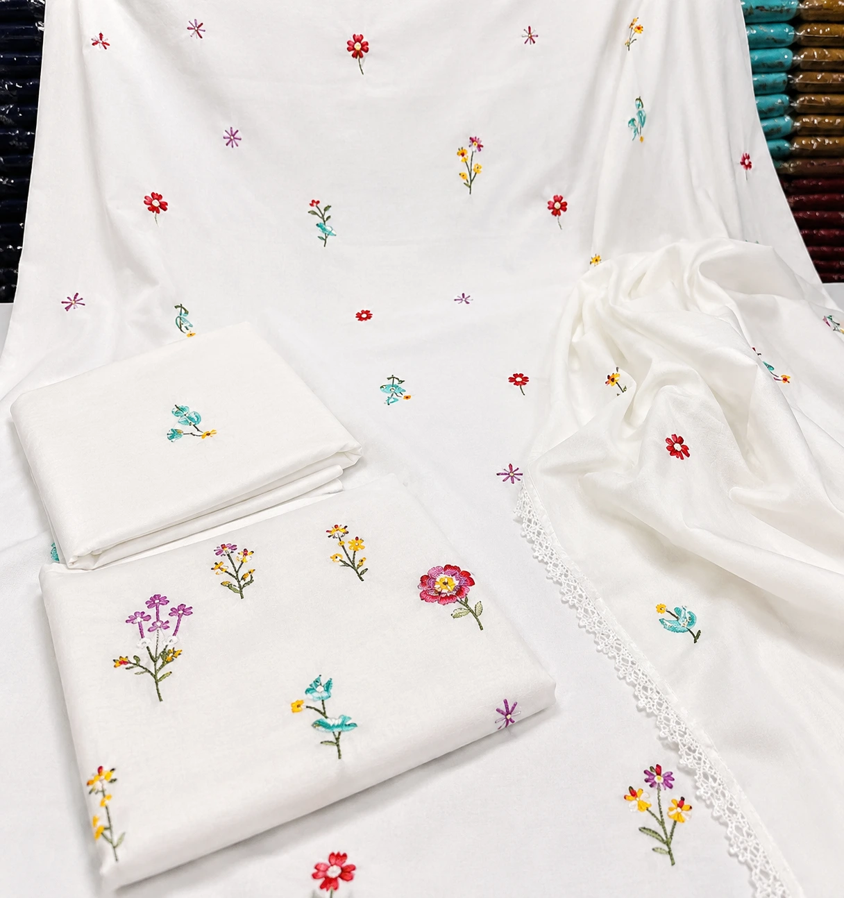 White Embroidered Dhanak 3 Piece Winter Suit With Lace