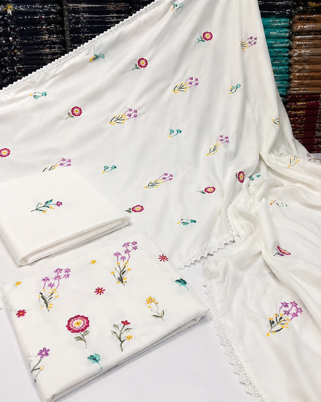White Embroidered Dhanak 3 Piece Winter Suit With Lace