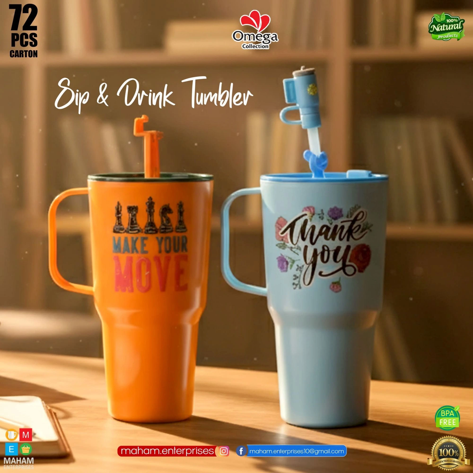 750ML Sip & Drink Tumbler With Straw & Handle | BPA Free Reusable Water Cup | Cartoon Printed Travel Mug | Random Design