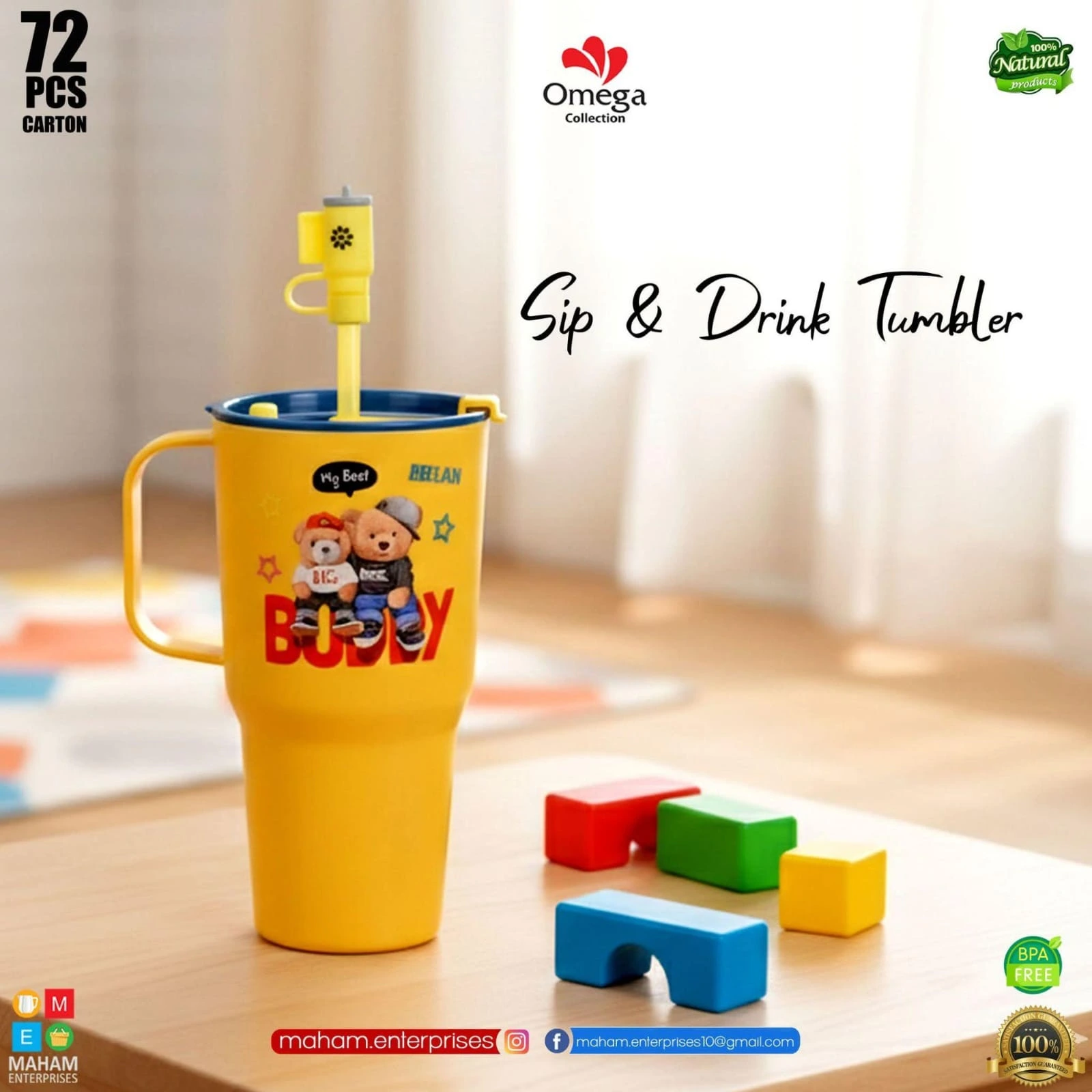 750ML Sip & Drink Tumbler With Straw & Handle | BPA Free Reusable Water Cup | Cartoon Printed Travel Mug | Random Design