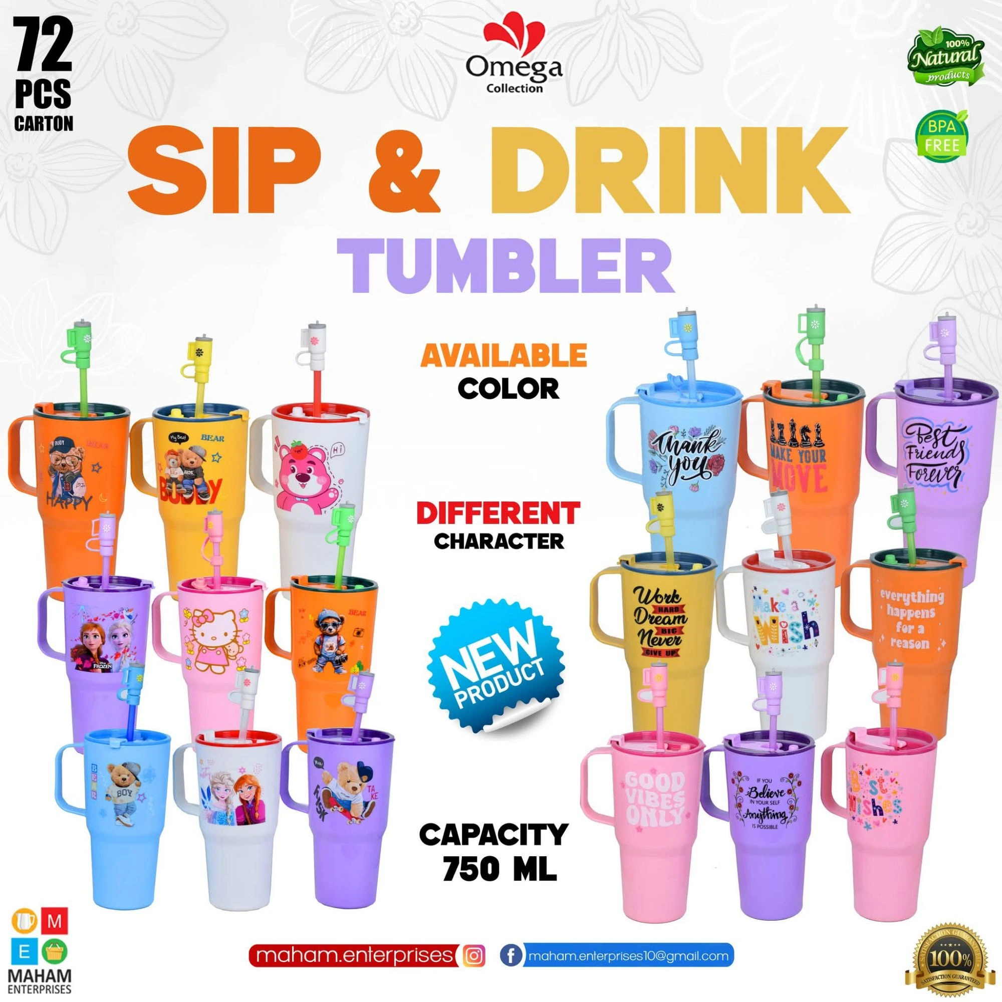 750ML Sip & Drink Tumbler With Straw & Handle | BPA Free Reusable Water Cup | Cartoon Printed Travel Mug | Random Design