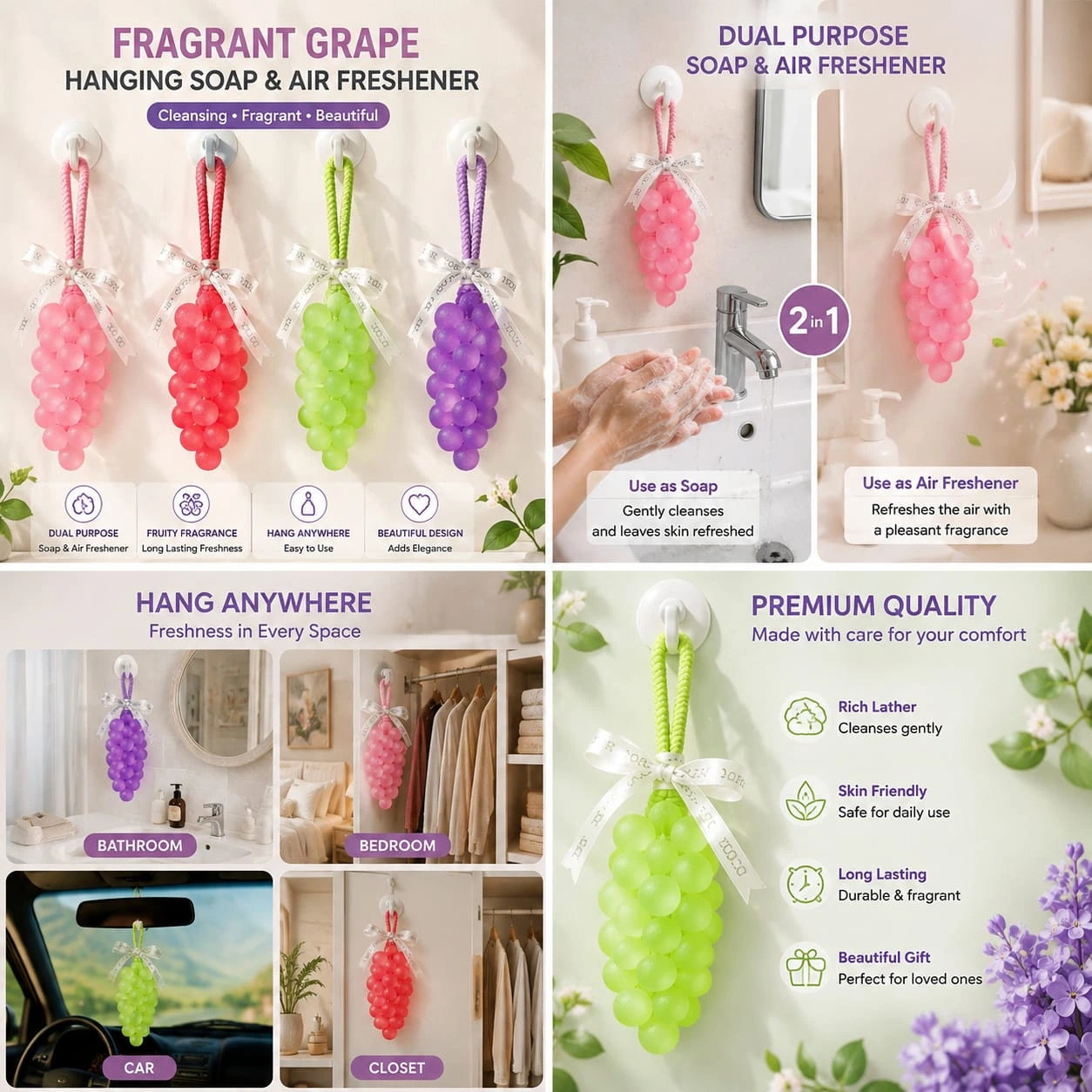 Dual-Purpose Fragrant Grape Soap & Air Freshener – Hanging Bathroom, Car & Closet Freshener