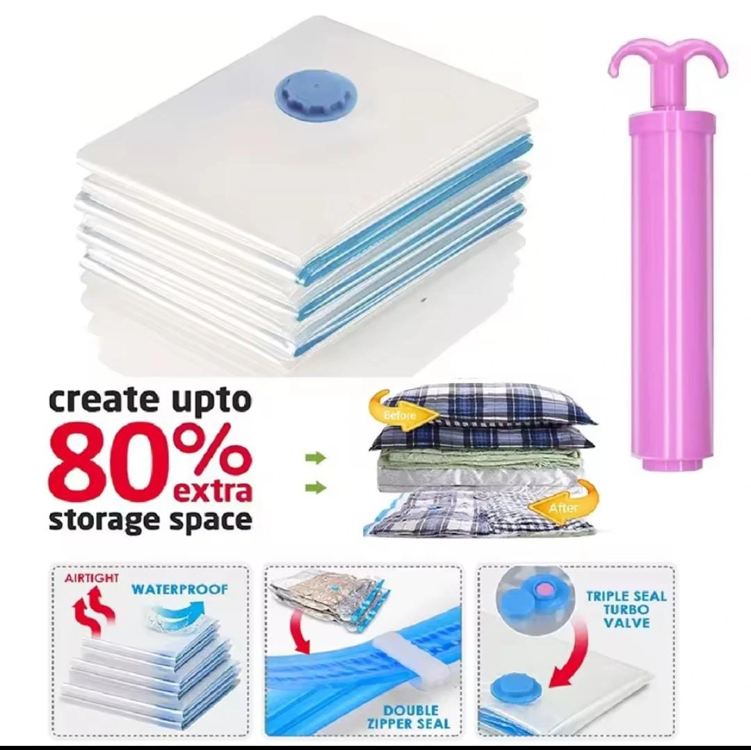 Vacuum Storage Bags Set With Hand Pump – 5 Vacuum Compression Bags + 1 Suction Pump | Reusable Space Saver Bags For Clothes, Blankets