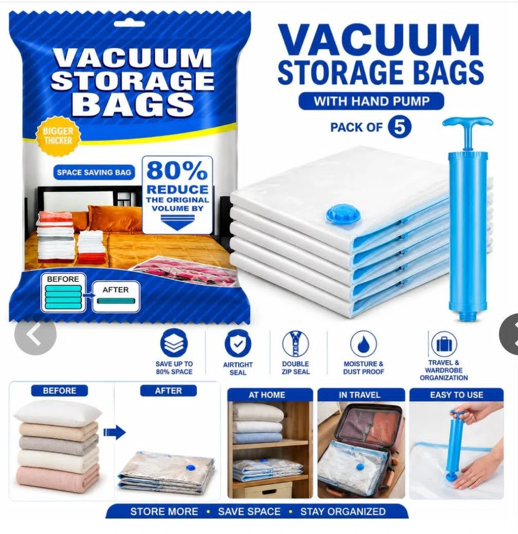 Vacuum Storage Bags Set With Hand Pump – 5 Vacuum Compression Bags + 1 Suction Pump | Reusable Space Saver Bags For Clothes, Blankets