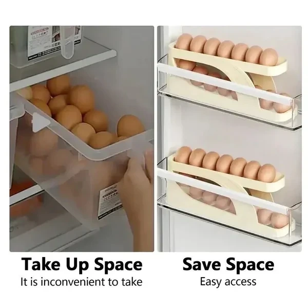 Slide Type Egg Holder For Refrigerator | Automatic Rolling Egg Dispenser | 2 Tier Egg Storage Rack | Space Saving Fridge Egg Organizer