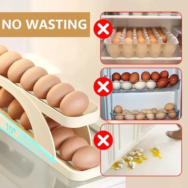 Slide Type Egg Holder For Refrigerator | Automatic Rolling Egg Dispenser | 2 Tier Egg Storage Rack | Space Saving Fridge Egg Organizer