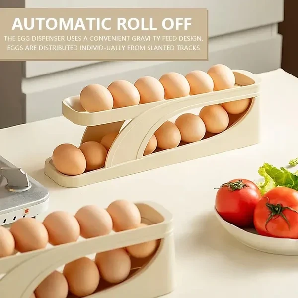 Slide Type Egg Holder For Refrigerator | Automatic Rolling Egg Dispenser | 2 Tier Egg Storage Rack | Space Saving Fridge Egg Organizer