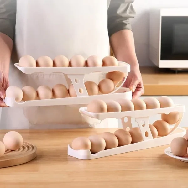 Slide Type Egg Holder For Refrigerator | Automatic Rolling Egg Dispenser | 2 Tier Egg Storage Rack | Space Saving Fridge Egg Organizer