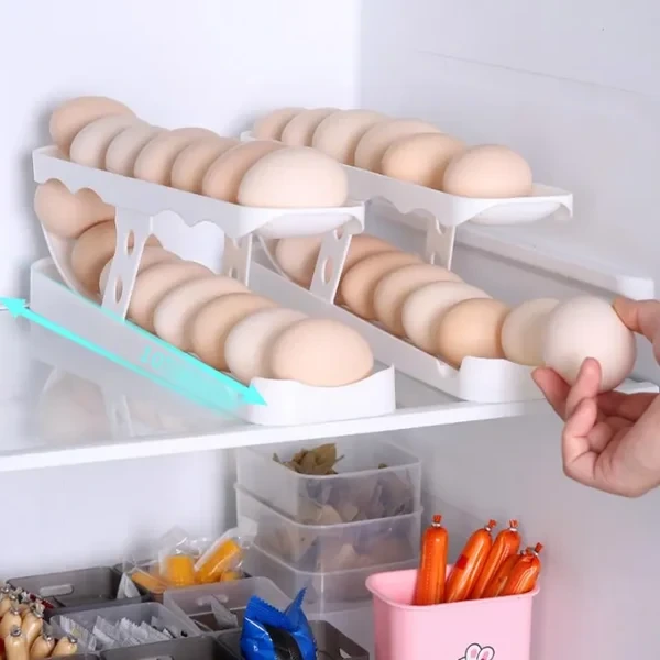 Slide Type Egg Holder For Refrigerator | Automatic Rolling Egg Dispenser | 2 Tier Egg Storage Rack | Space Saving Fridge Egg Organizer