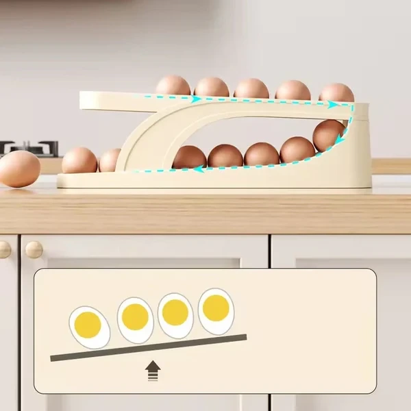 Slide Type Egg Holder For Refrigerator | Automatic Rolling Egg Dispenser | 2 Tier Egg Storage Rack | Space Saving Fridge Egg Organizer