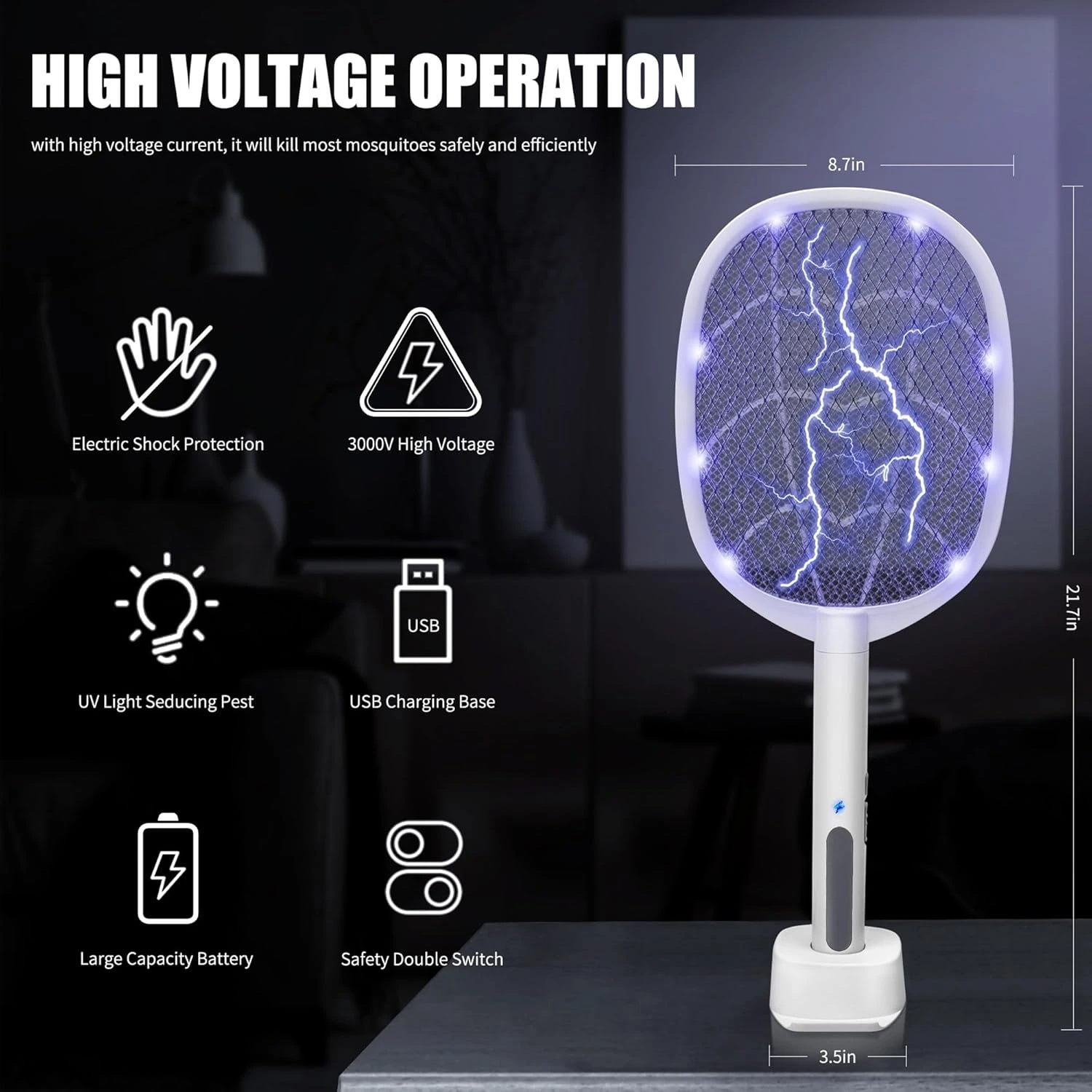 Rechargeable Electric Mosquito Swatter Racket 2500V | USB Charging | 1200mAh Lithium Battery | Mosquito Killer Bat | Portable Bug Zapper