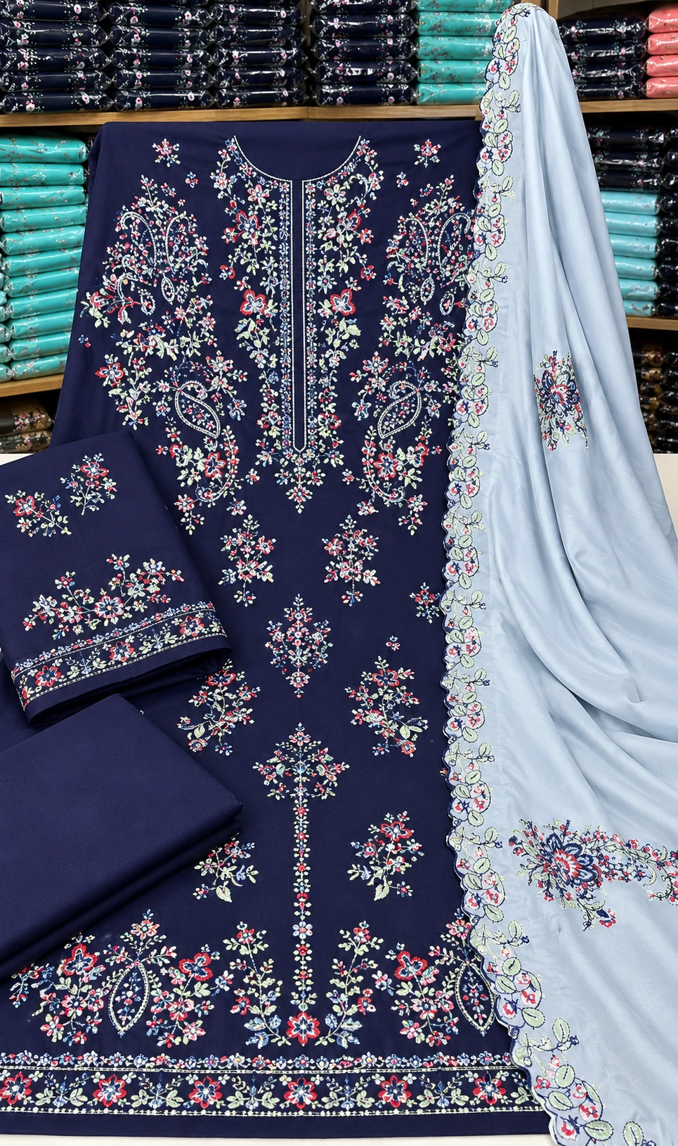 Navy Blue & Ice Blue Embroidered Dhanak 3 Piece Winter Suit