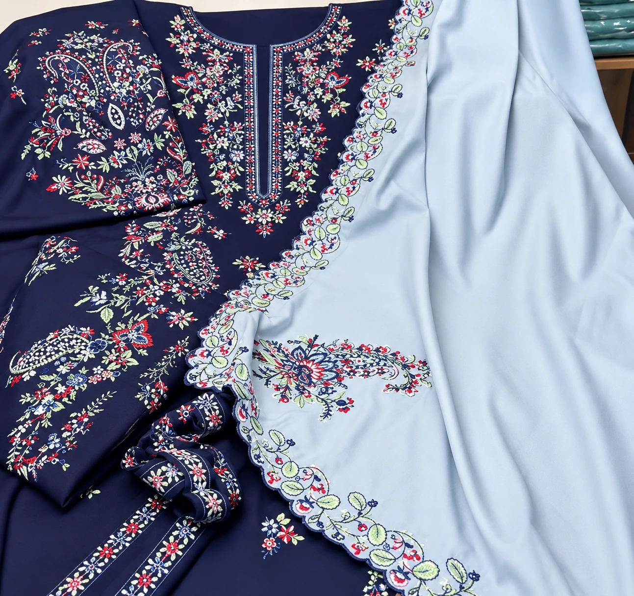 Navy Blue & Ice Blue Embroidered Dhanak 3 Piece Winter Suit