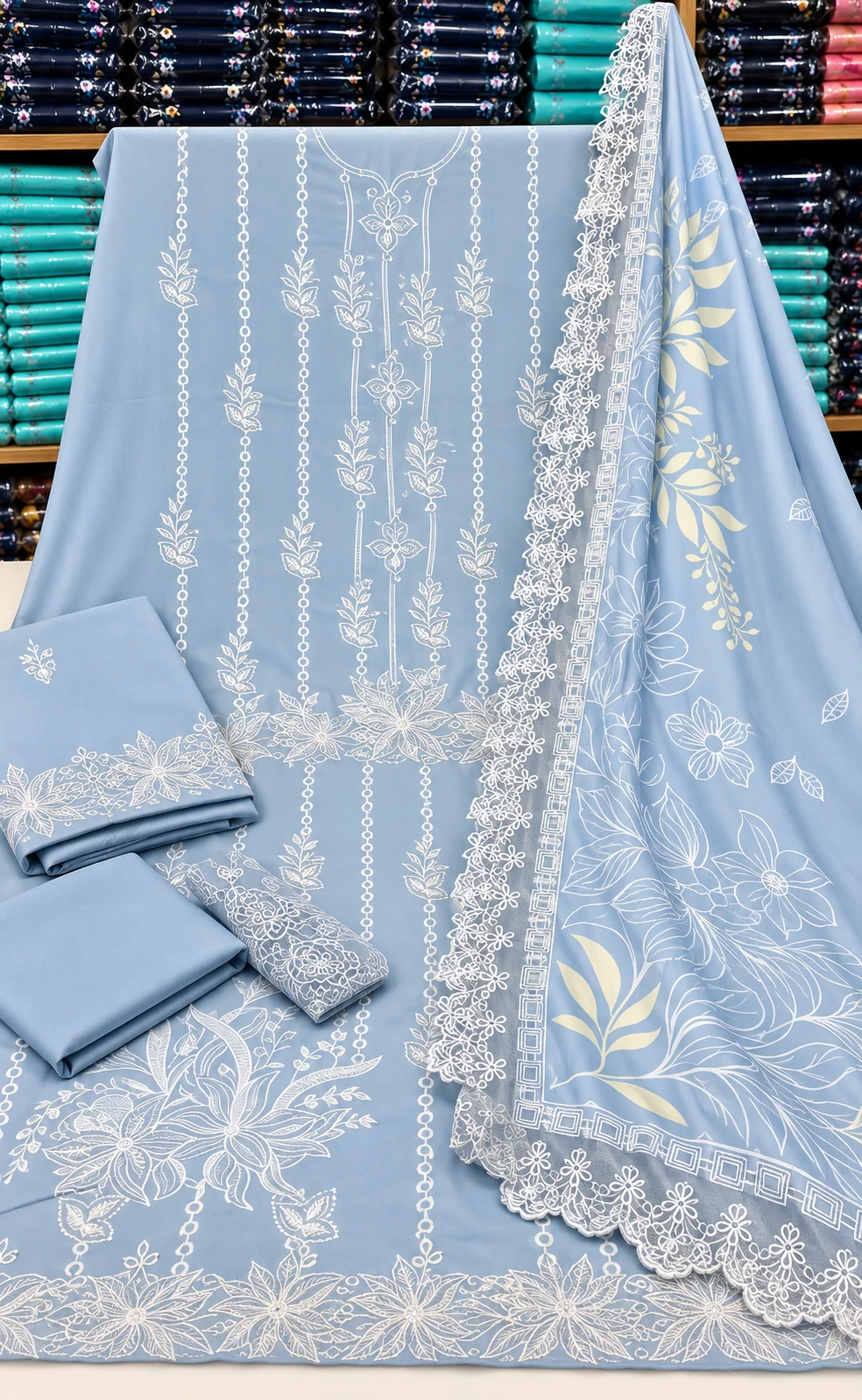 Ice Blue Embroidered Dhanak Dany Dar 3 Piece Suit