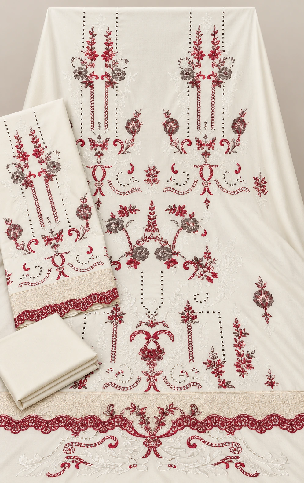 Ivory Off White Embroidered Dhanak 3 Piece Winter Suit