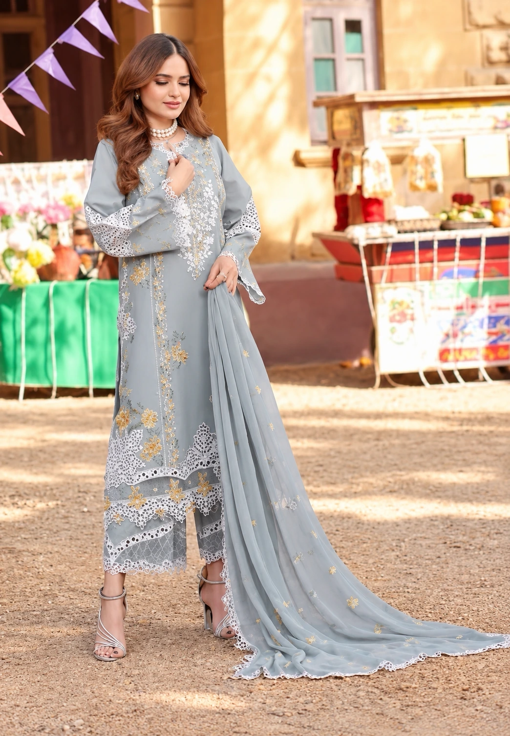 Light Blue Embroidered Dhanak 3 Piece Winter Suit