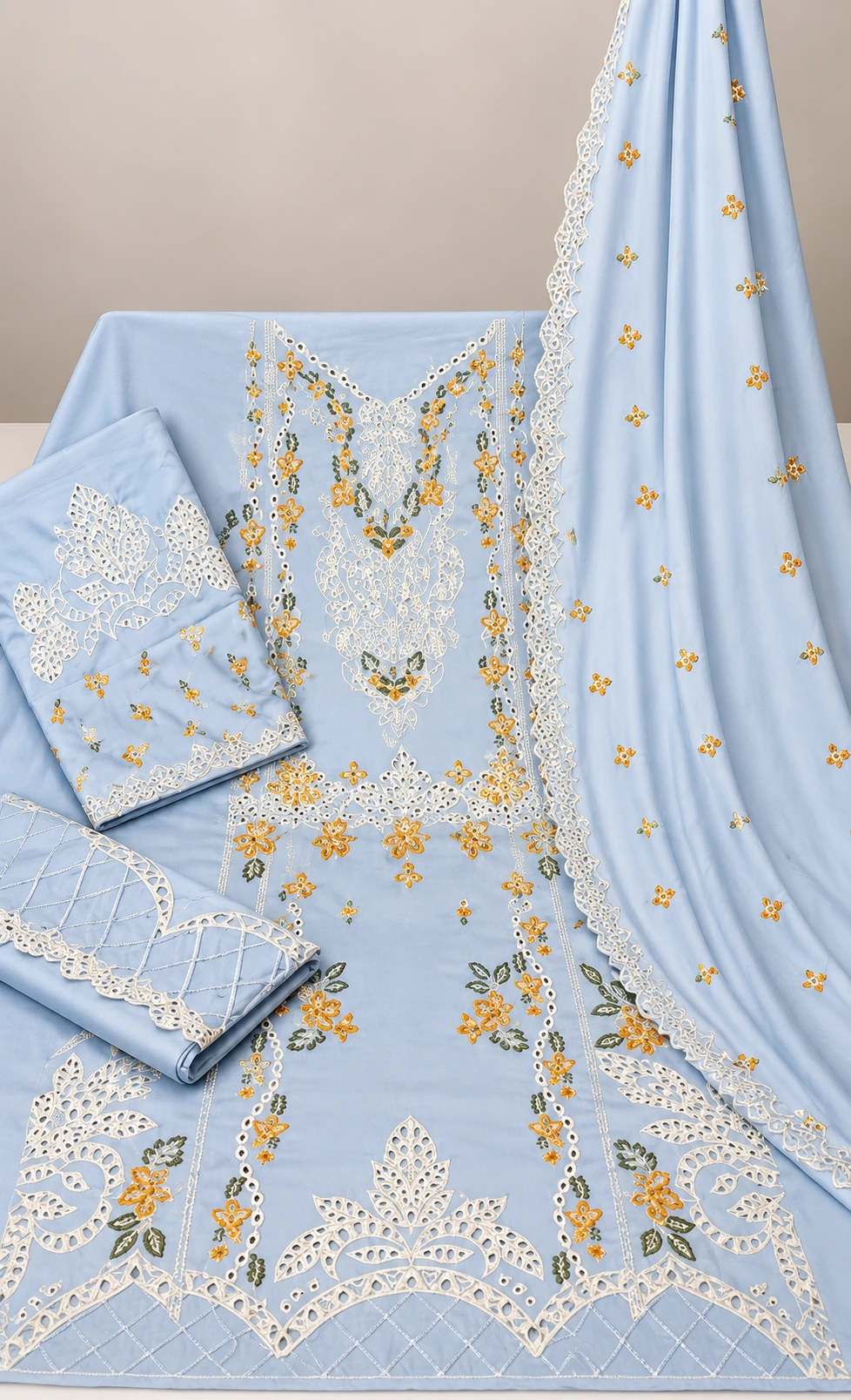 Light Blue Embroidered Dhanak 3 Piece Winter Suit