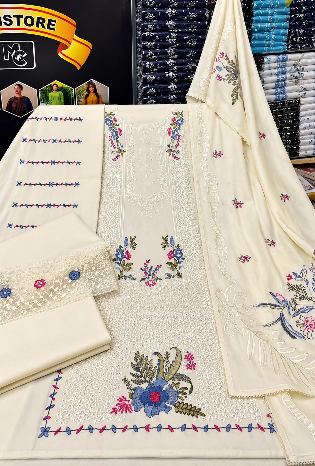 Dhanak 3 Piece Fully Embroidered Suit With Big Shawl