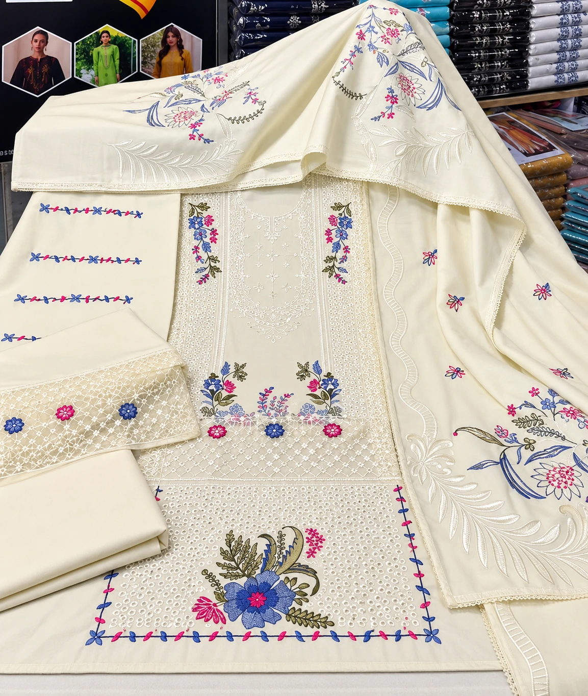 Dhanak 3 Piece Fully Embroidered Suit With Big Shawl